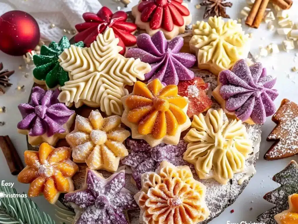Plate of easy Christmas Spritz cookies decorated with festive icing.