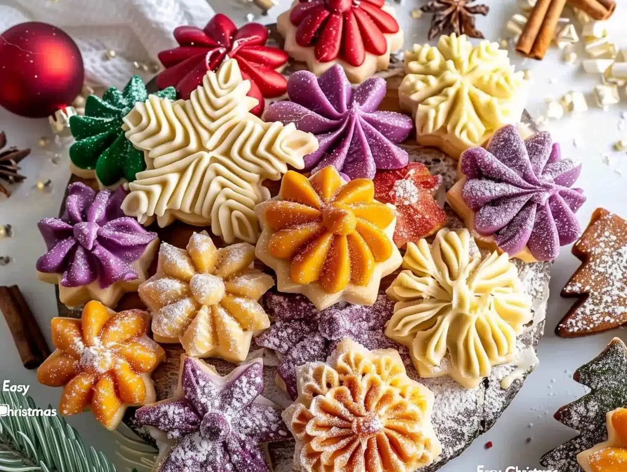 Easy Christmas Spritz Cookies 1 Plate of easy Christmas Spritz cookies decorated with festive icing.