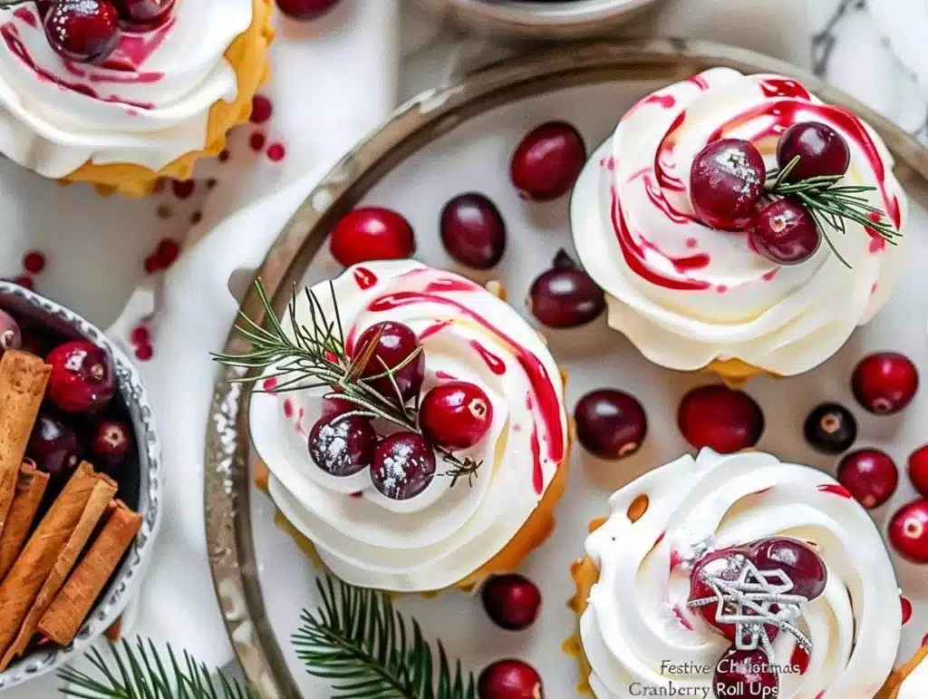 Festive Christmas Cranberry Roll Ups ready to serve on a holiday platter.