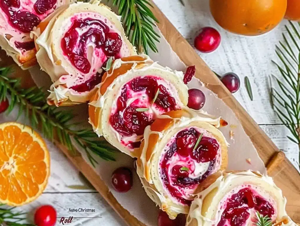 Festive Christmas Cranberry Roll Ups served on a holiday platter