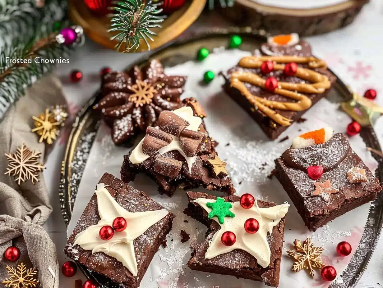 Frosted Christmas Brownies 1 Delicious frosted Christmas brownies decorated with festive toppings