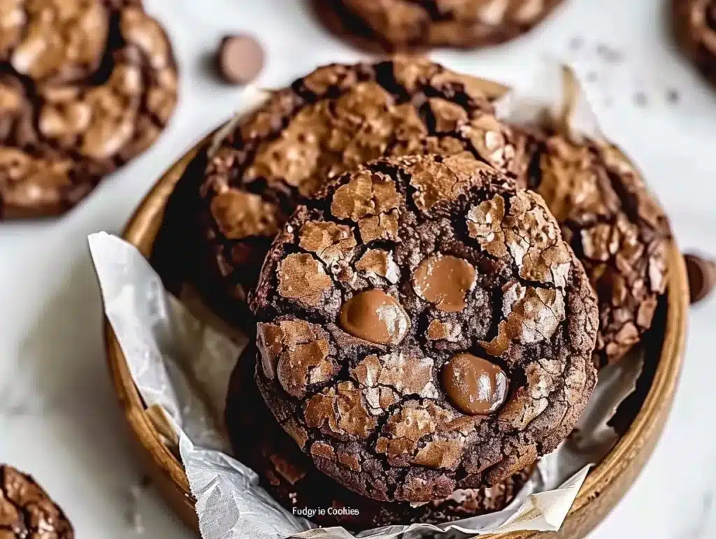 Fudgy brownie cookies on a plate, topped with chocolate drizzle.