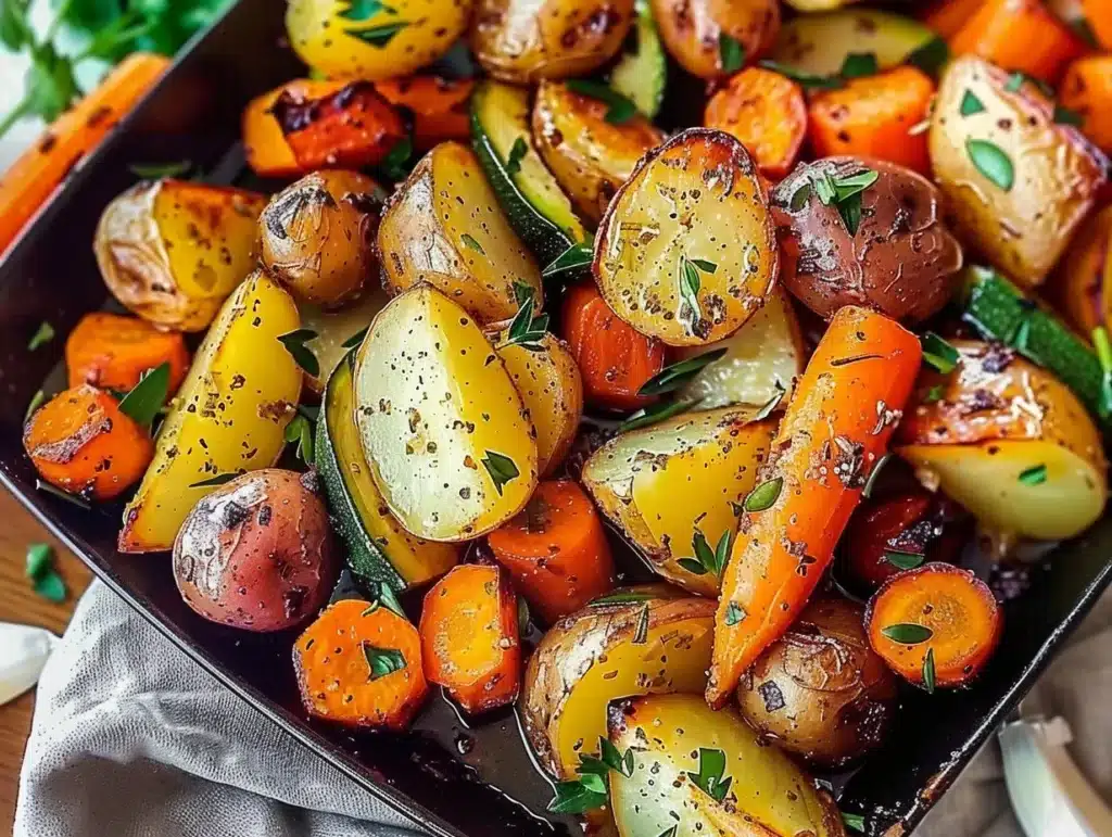 Garlic Herb Roasted Potatoes, Carrots, and Zucchini dish on a platter