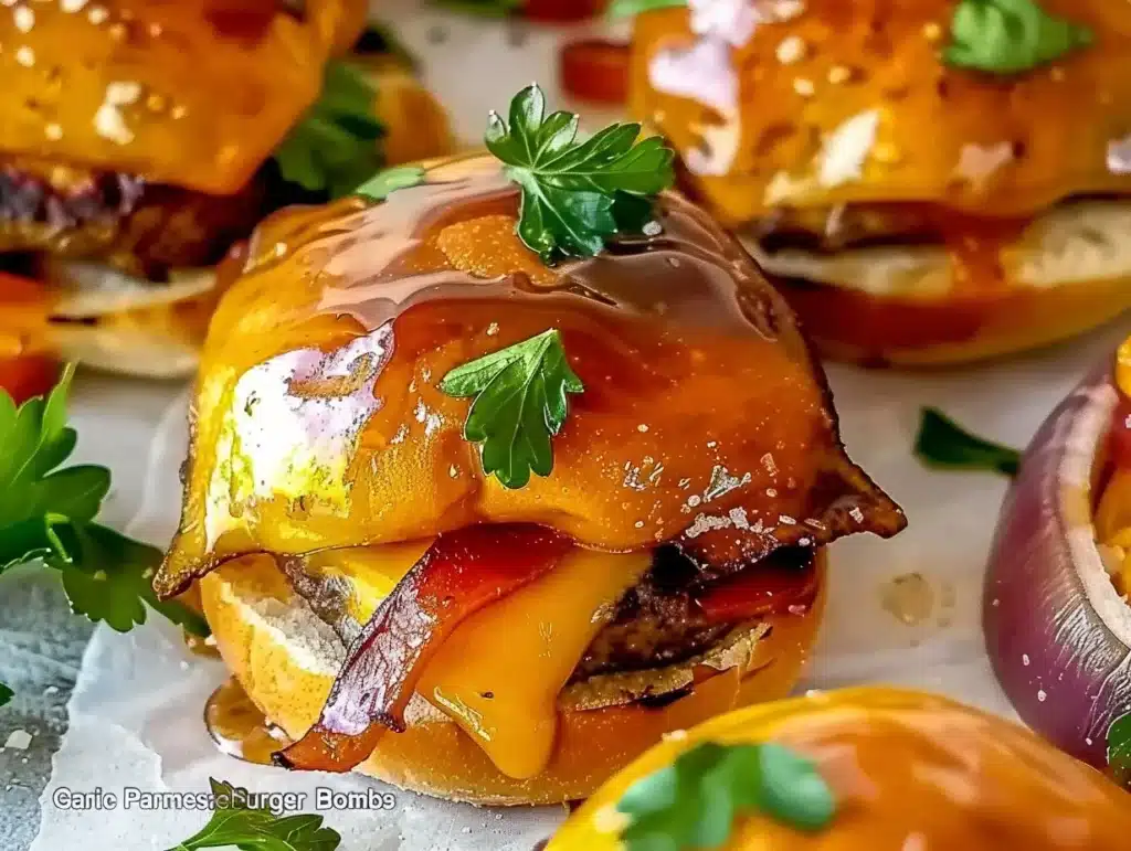 Garlic Parmesan Cheeseburger Bombs served on a platter
