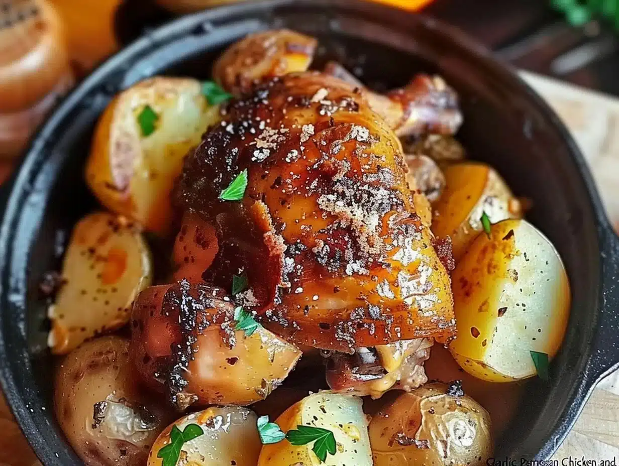 Garlic Parmesan Chicken cooked in a crockpot with potatoes