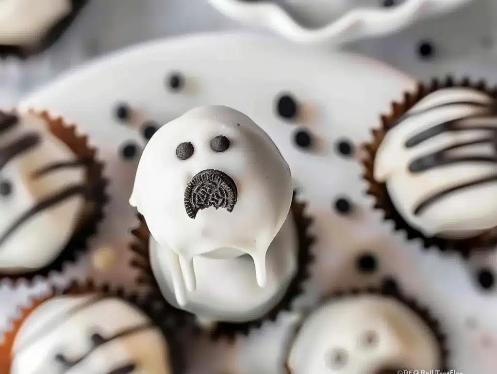 Ghost OREO ball truffles, spooky chocolate treats perfect for Halloween.