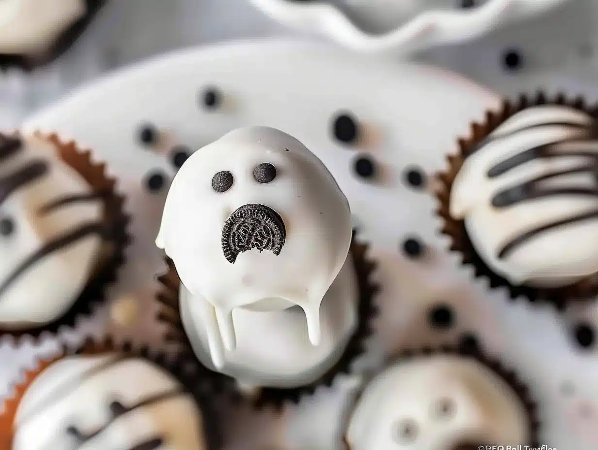 Ghost OREO ball truffles, spooky chocolate treats perfect for Halloween.