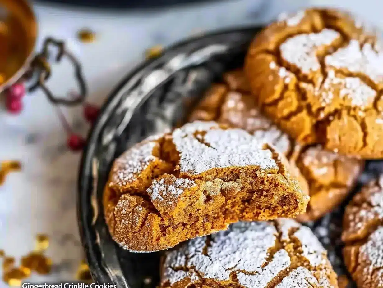 Gingerbread Crinkle Cookies 1 Freshly baked Gingerbread Crinkle Cookies dusted with powdered sugar.