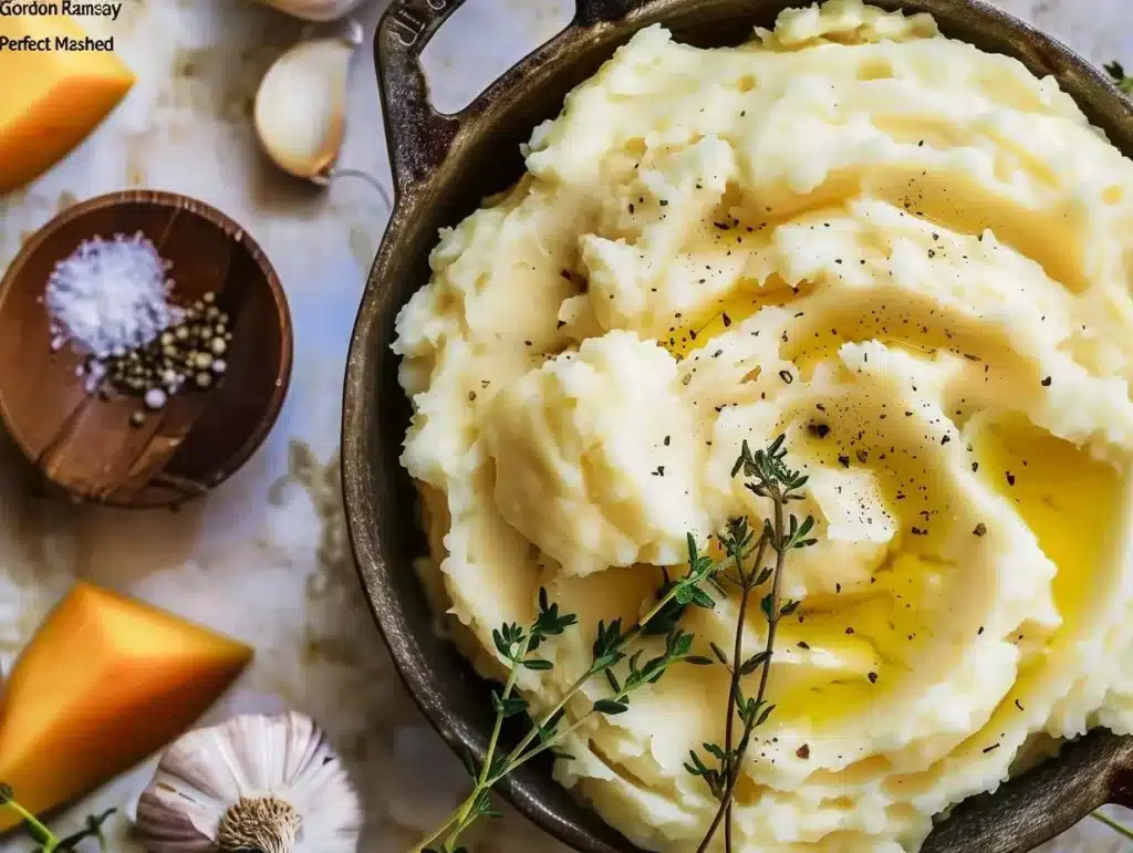 Gordon Ramsay's perfect mashed potatoes served with butter and herbs