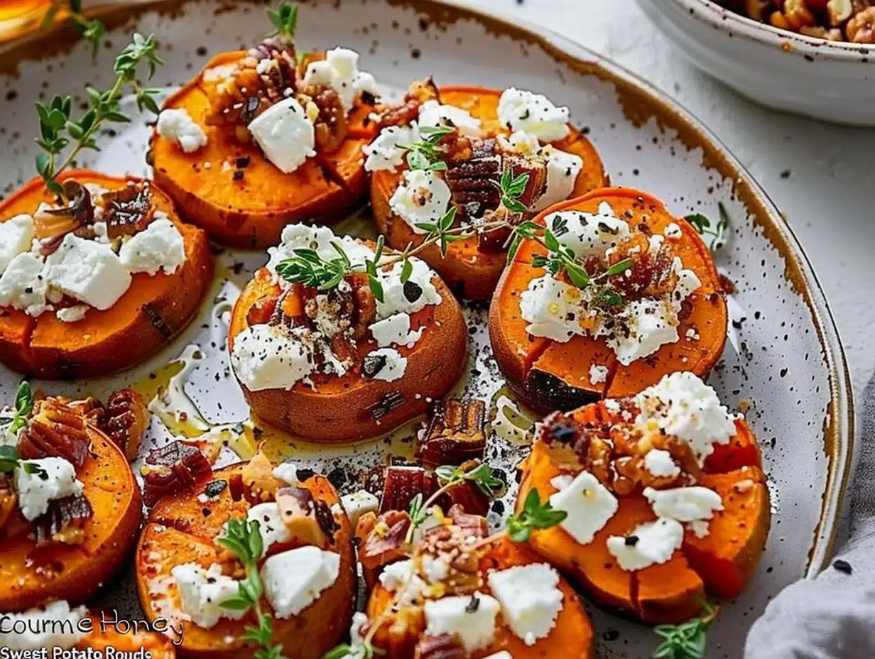 Gourmet Honey Feta Sweet Potato Rounds 1 Gourmet honey feta sweet potato rounds served on a plate