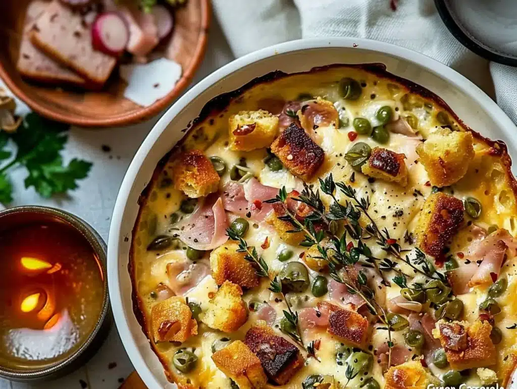 Homemade green bean casserole with crispy onions and creamy sauce