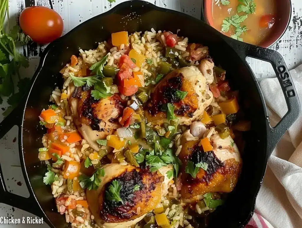 Green Sauce Chicken served in a skillet with rice and fresh herbs