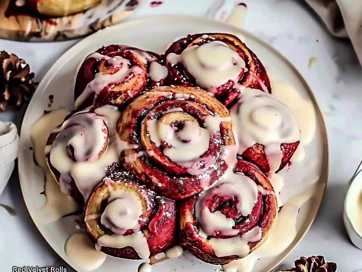 Heavenly red velvet cinnamon rolls topped with cream cheese glaze