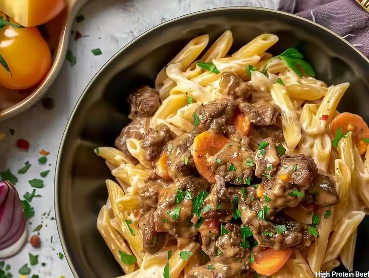 High protein creamy beef pasta ready to serve