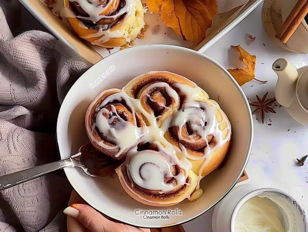 Freshly baked homemade cinnamon rolls topped with icing on a wooden table