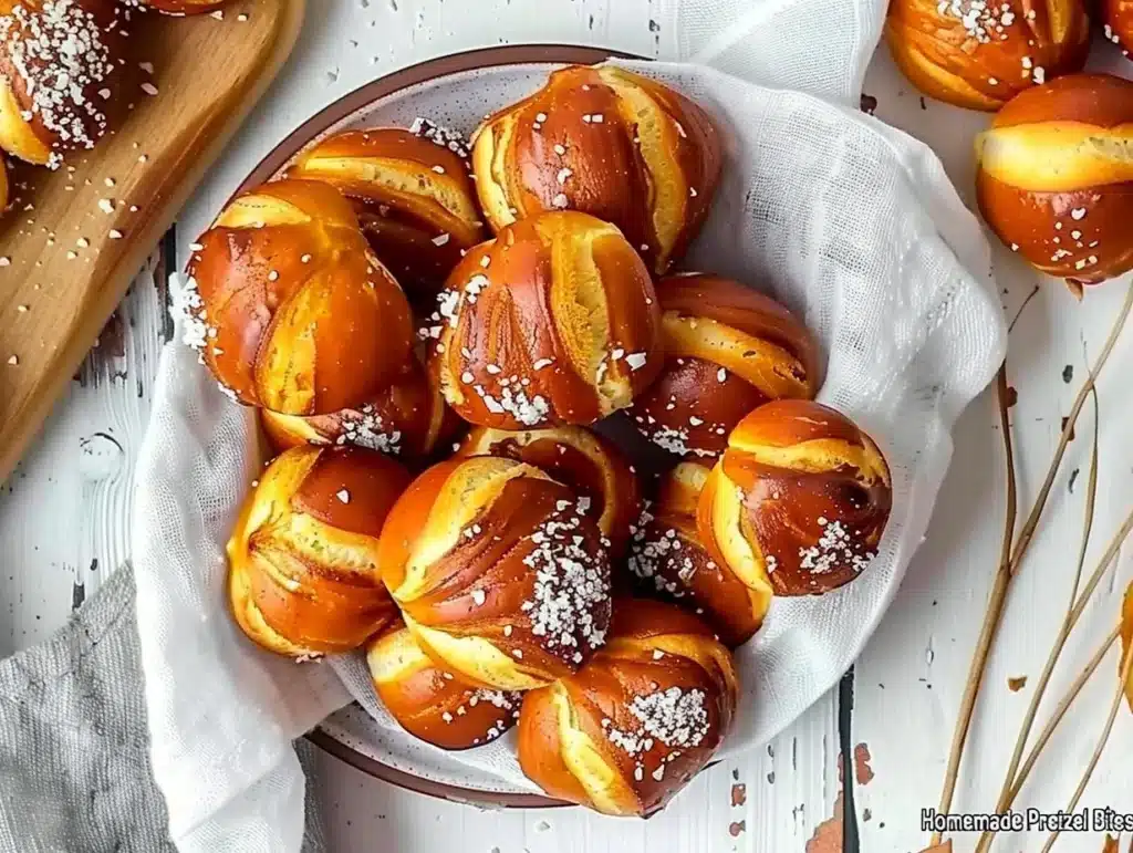 Delicious homemade pretzel bites on a wooden board with dipping sauce