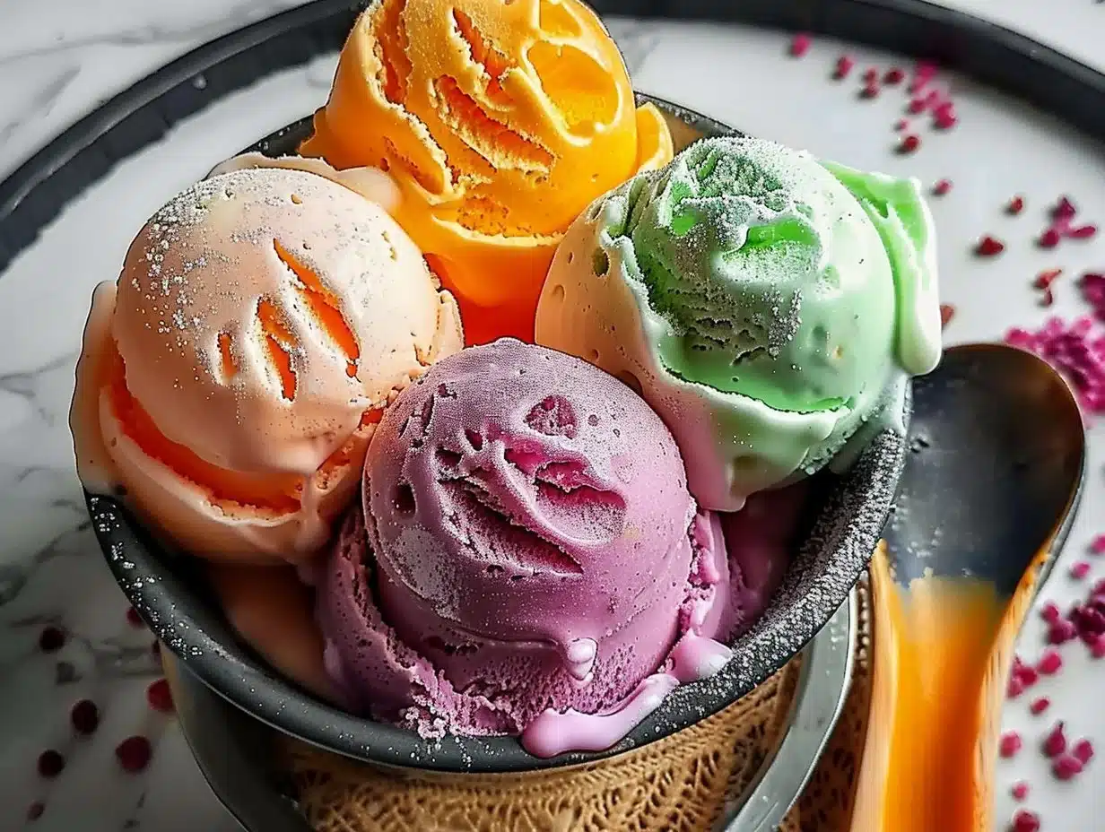 Bowl of colorful homemade rainbow sherbet with a scoop on top.