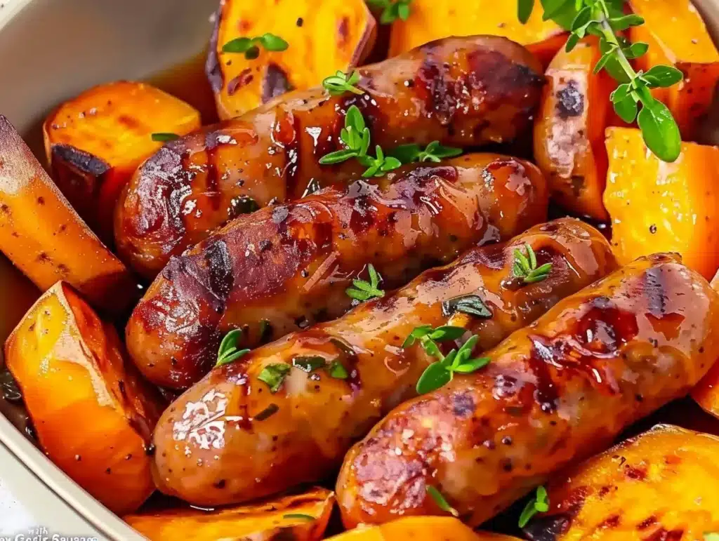 Honey Garlic Sausage with Sweet Potatoes on a plate