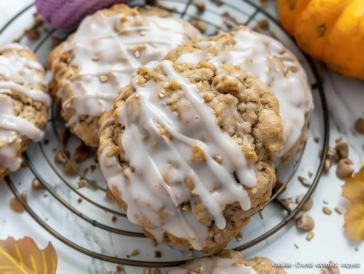 Delicious iced oatmeal cookies inspired by Crumbl bakery recipe