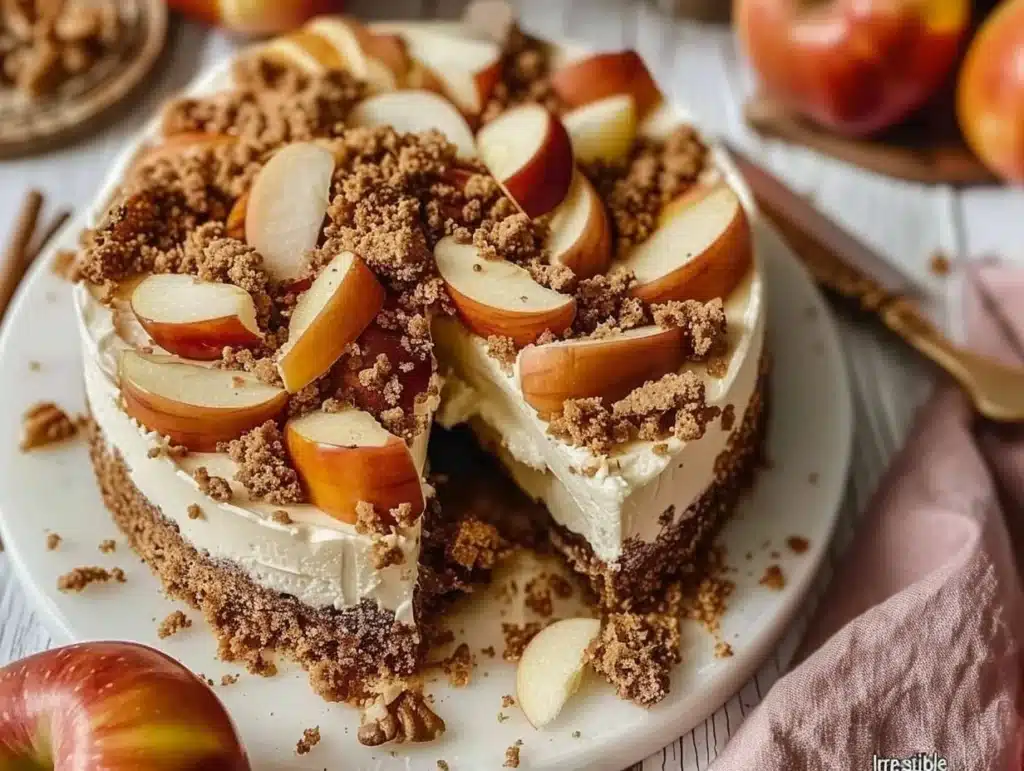 Delicious apple crumble cheesecake topped with crunchy crumble topping