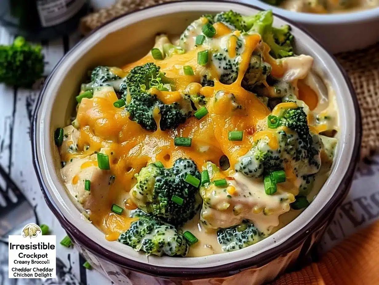 Creamy crockpot broccoli cheddar chicken in a bowl with fresh herbs