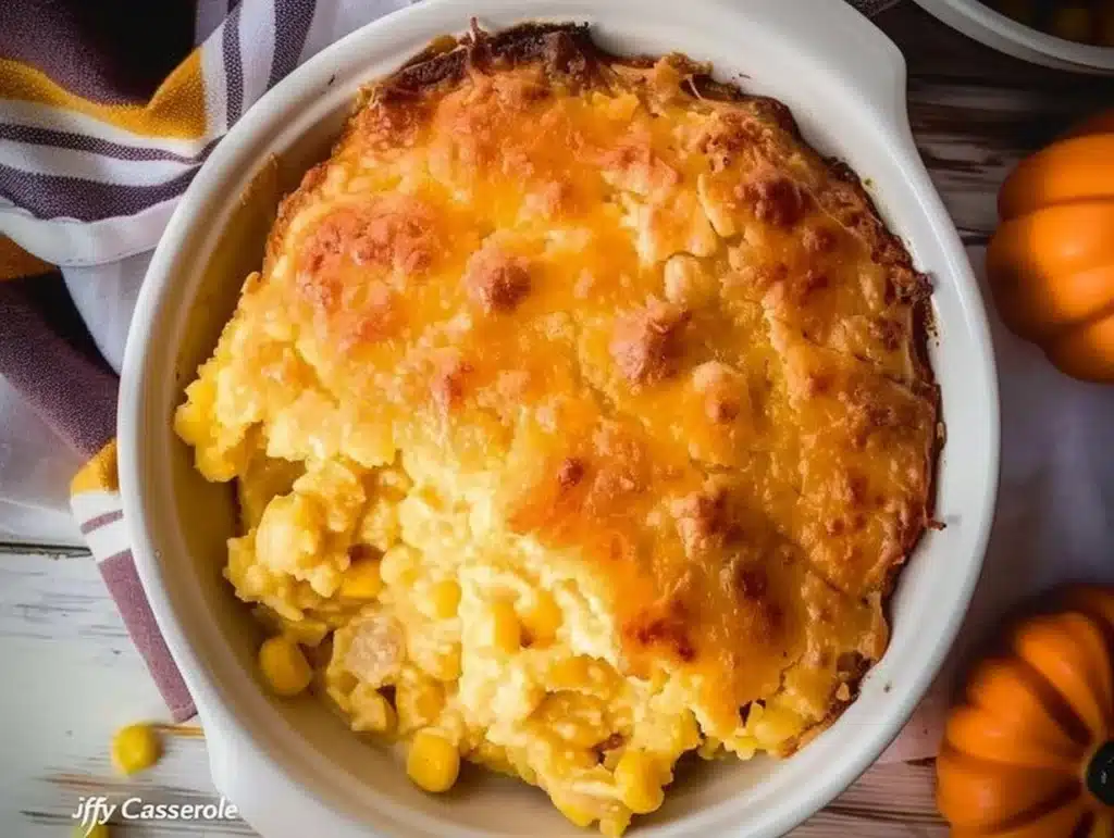 Delicious Jiffy Corn Casserole served in a dish, ideal for family meals.