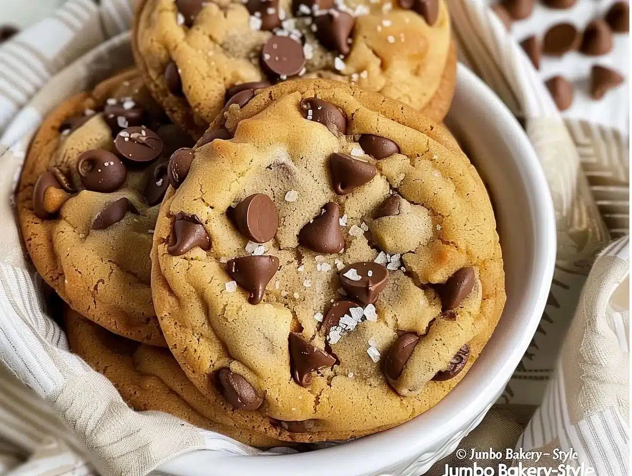 Freshly baked jumbo chocolate chip cookies on a cooling rack