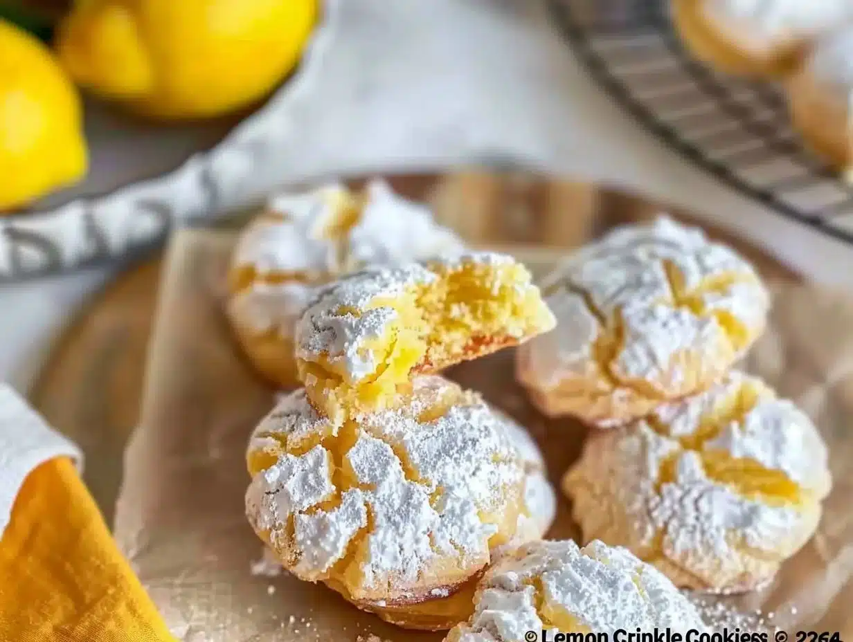 Freshly baked Lemon Crinkle Cookies dusted with powdered sugar