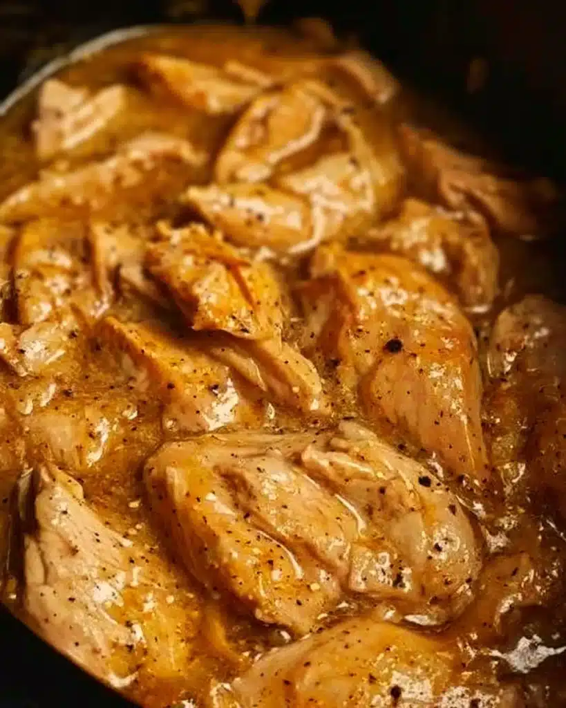 Low Cooker Chicken Breasts with savory gravy served on a plate