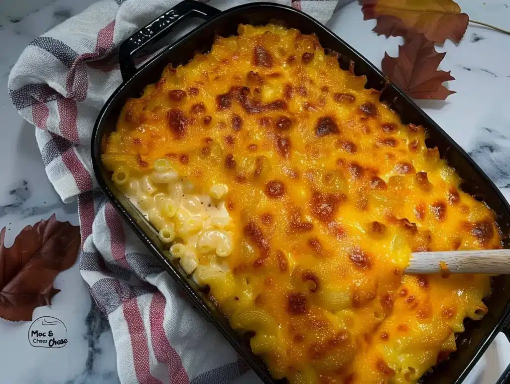 Creamy macaroni and cheese served in a bowl with melted cheese on top.