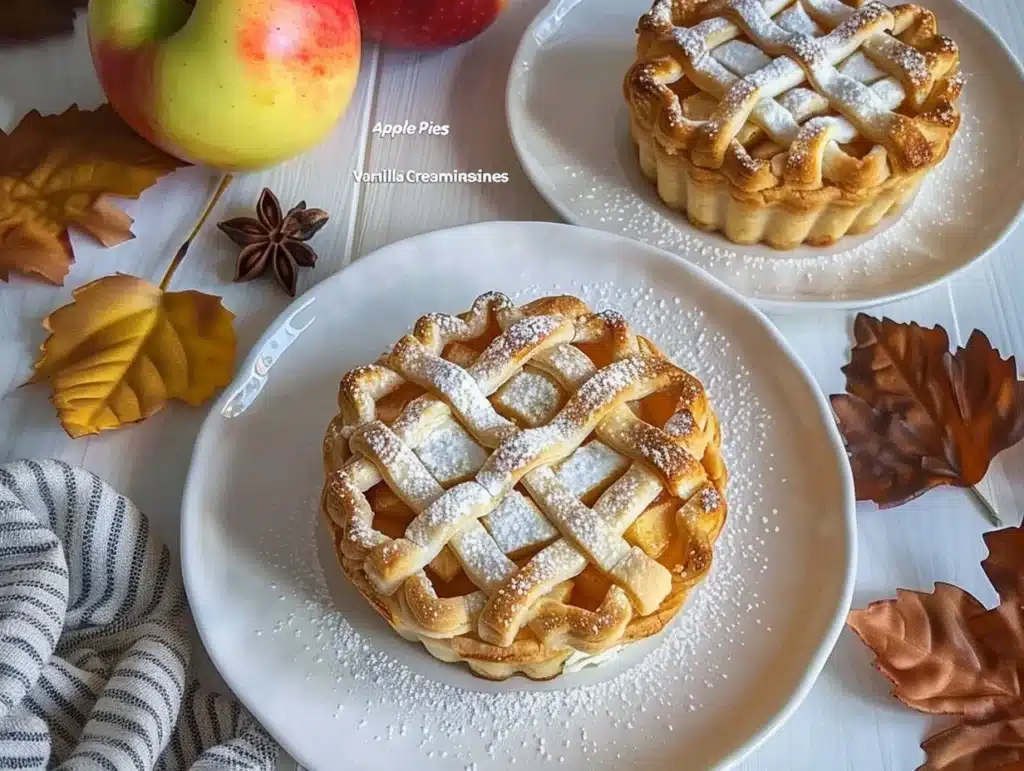 Delicious mini apple pies topped with creamy vanilla sauce