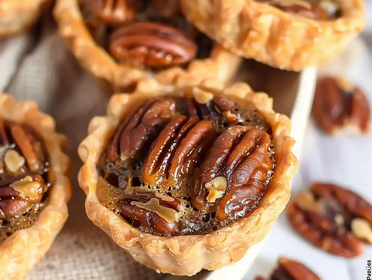 Delicious mini pecan pies on a rustic wooden table