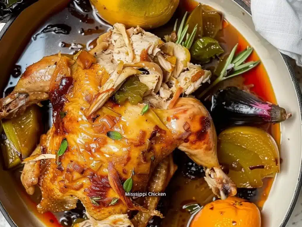 Delicious plate of Mississippi Chicken served with sides