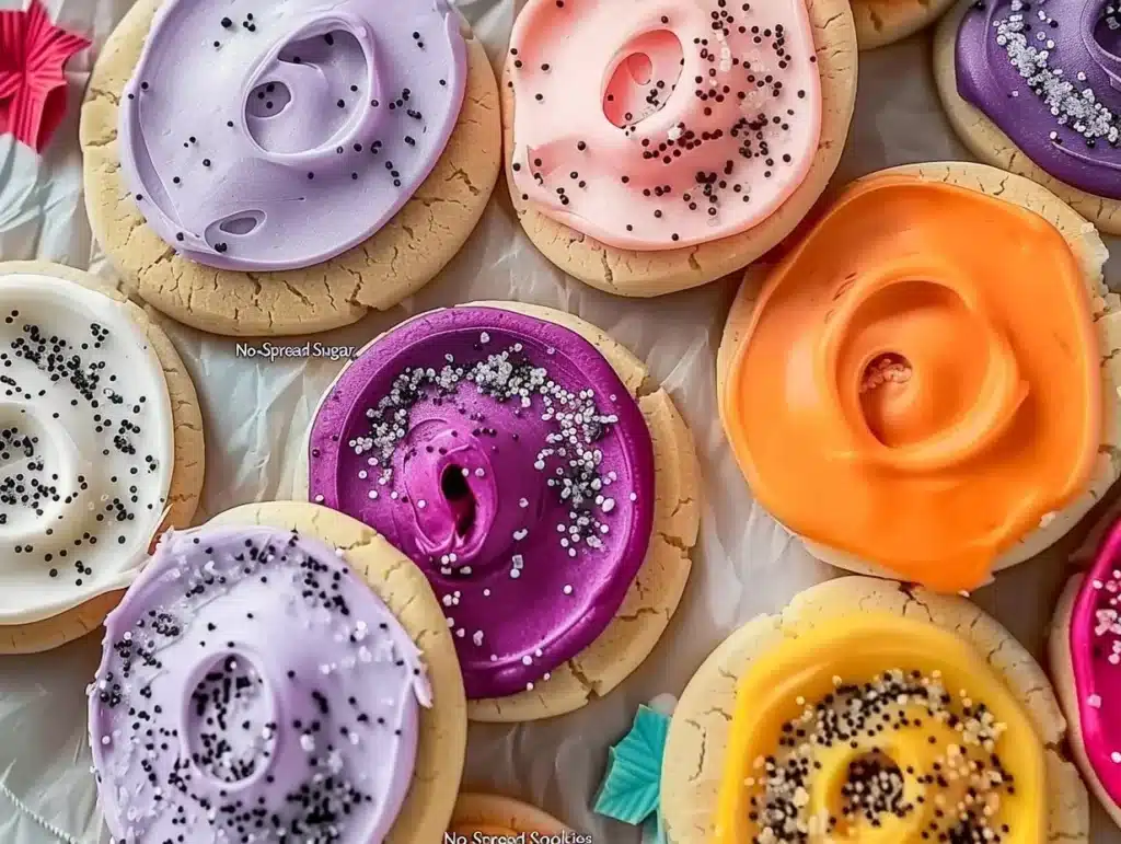 Delicious no-spread sugar cookies decorated with icing on a plate
