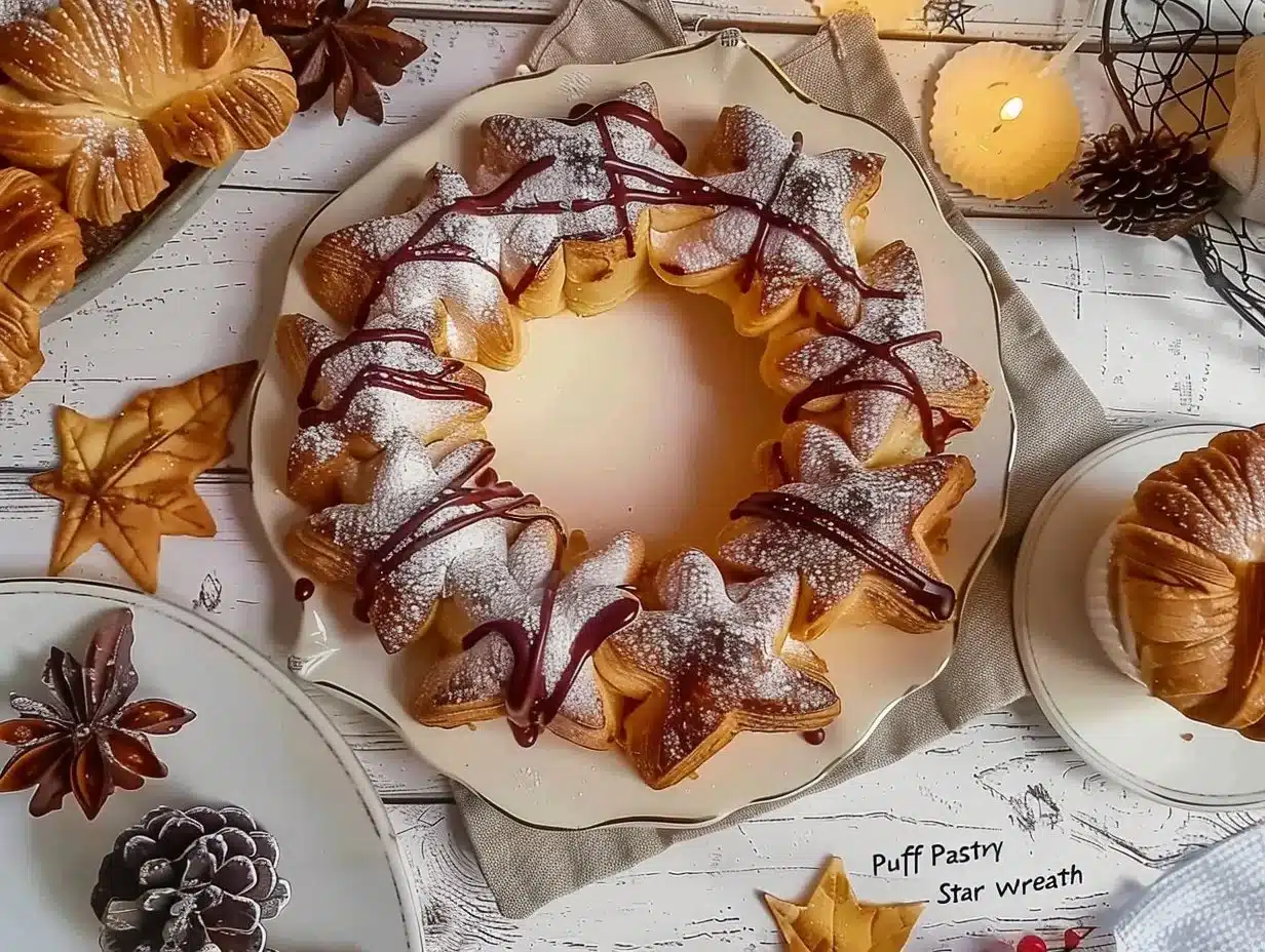 Nutella puff pastry star wreath garnished with powdered sugar
