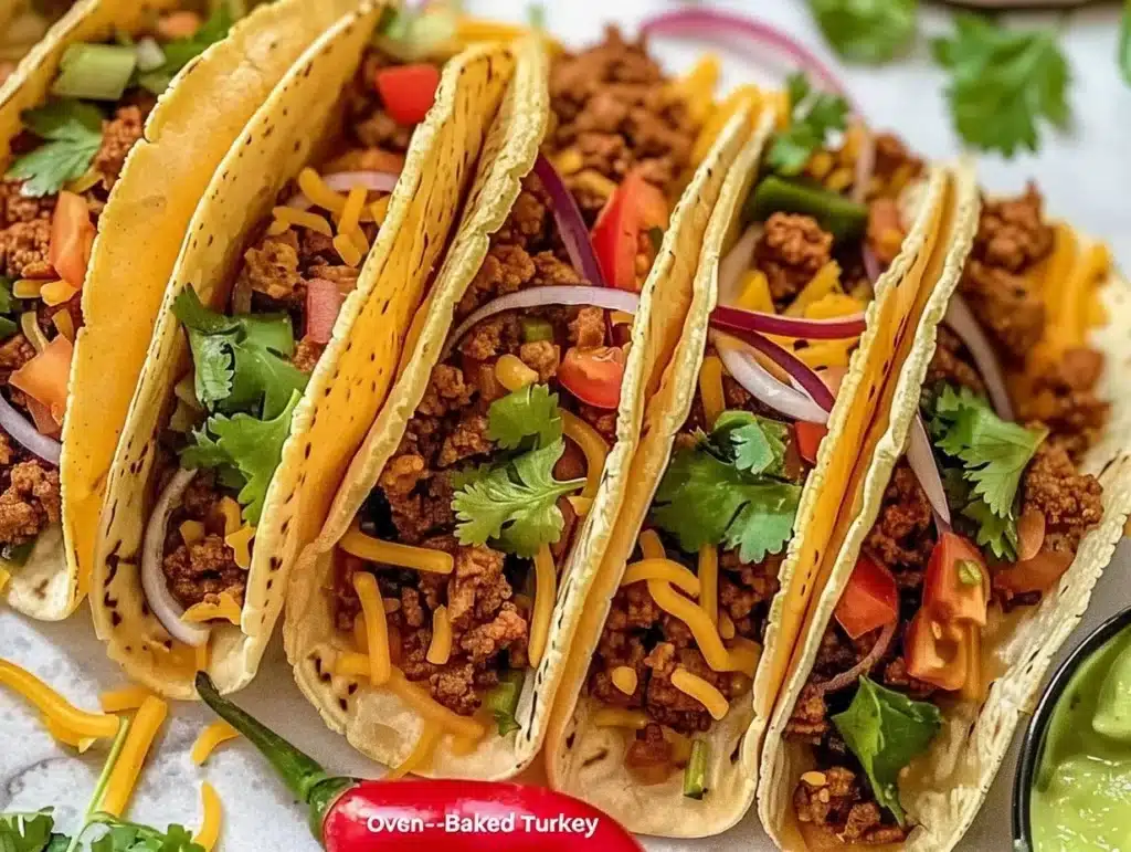 Oven-baked ground turkey tacos topped with fresh ingredients and cheese