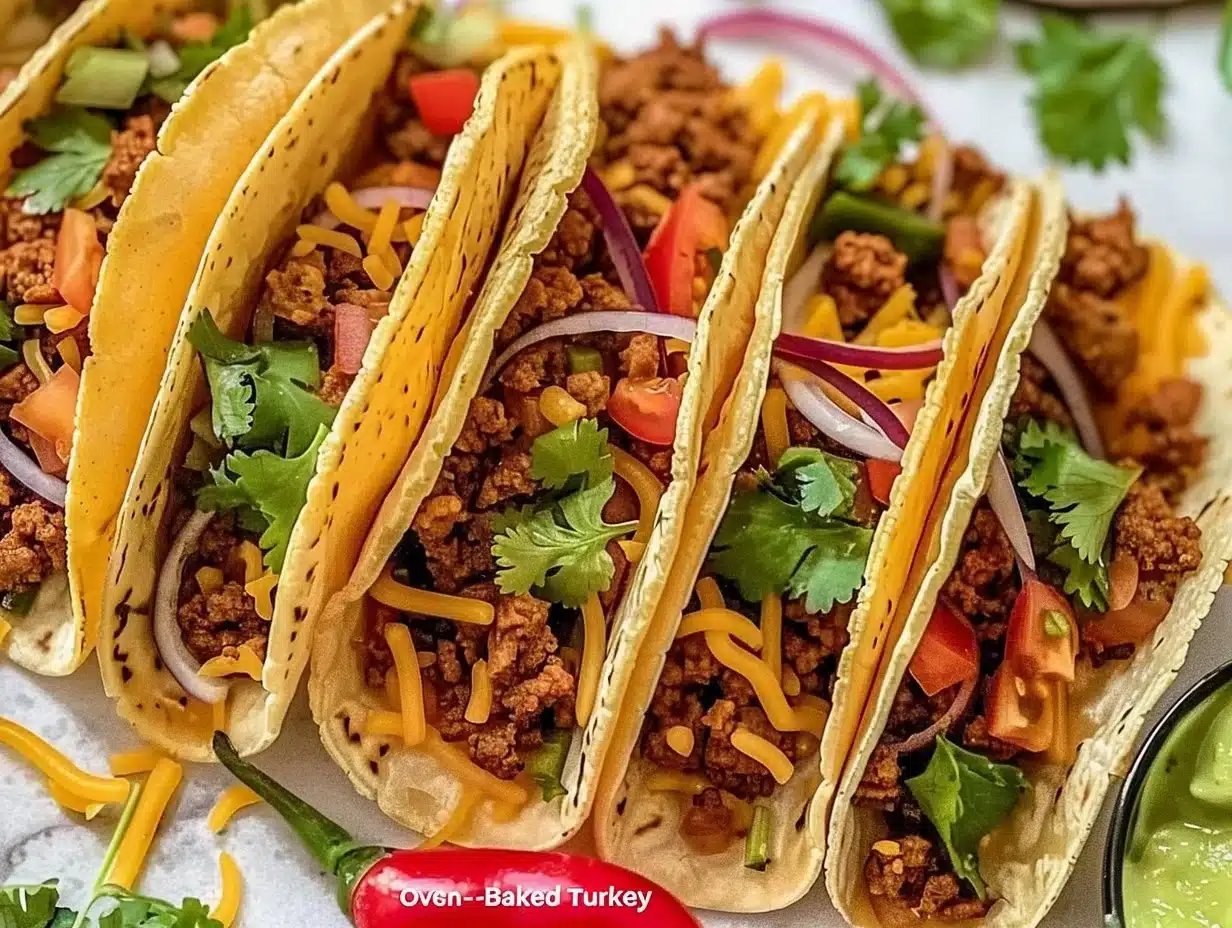 Oven-baked ground turkey tacos topped with fresh ingredients and cheese