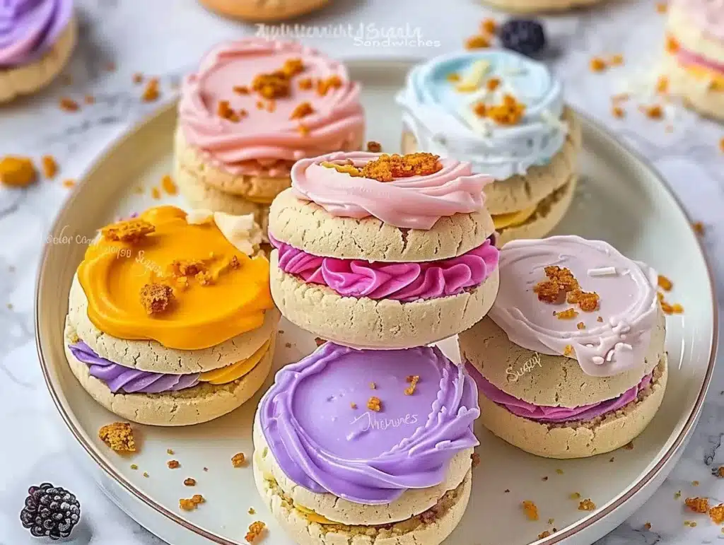 Pastel sugar cookie sandwiches filled with creamy frosting