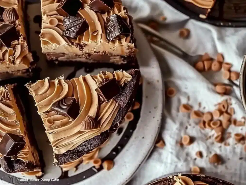 Delicious Peanut Butter Cup Dump Cake topped with chocolate and peanut butter cups