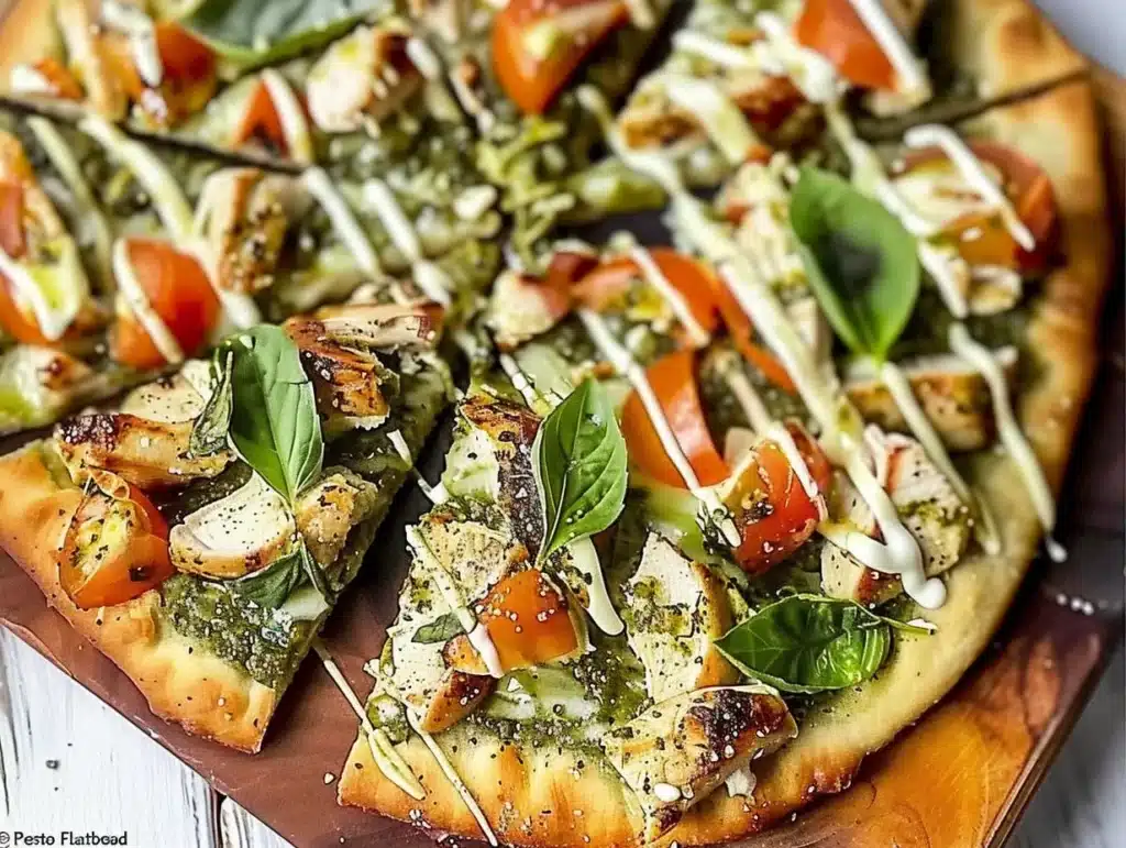 Pesto chicken flatbread topped with fresh basil and cheese