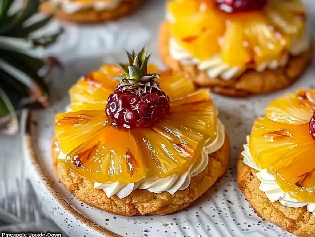 Freshly baked Pineapple Upside-Down Cookies topped with pineapple slices and cherries
