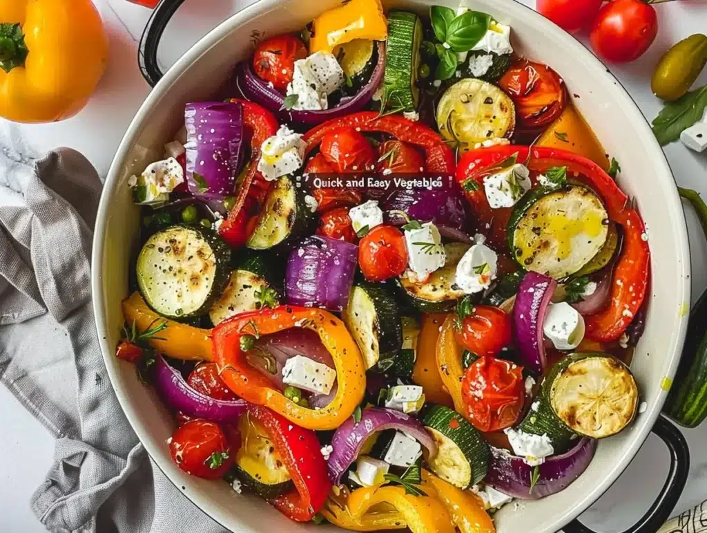 Colorful one-pan Greek vegetables with fresh ingredients for a healthy meal.