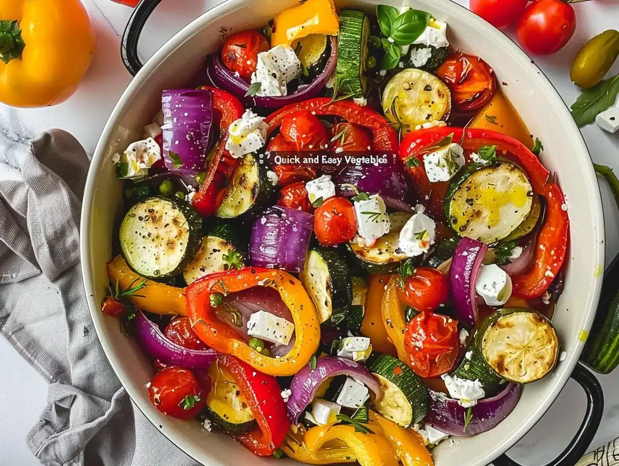 Colorful one-pan Greek vegetables with fresh ingredients for a healthy meal.