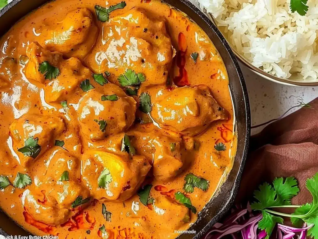 Delicious homemade butter chicken served with rice and naan