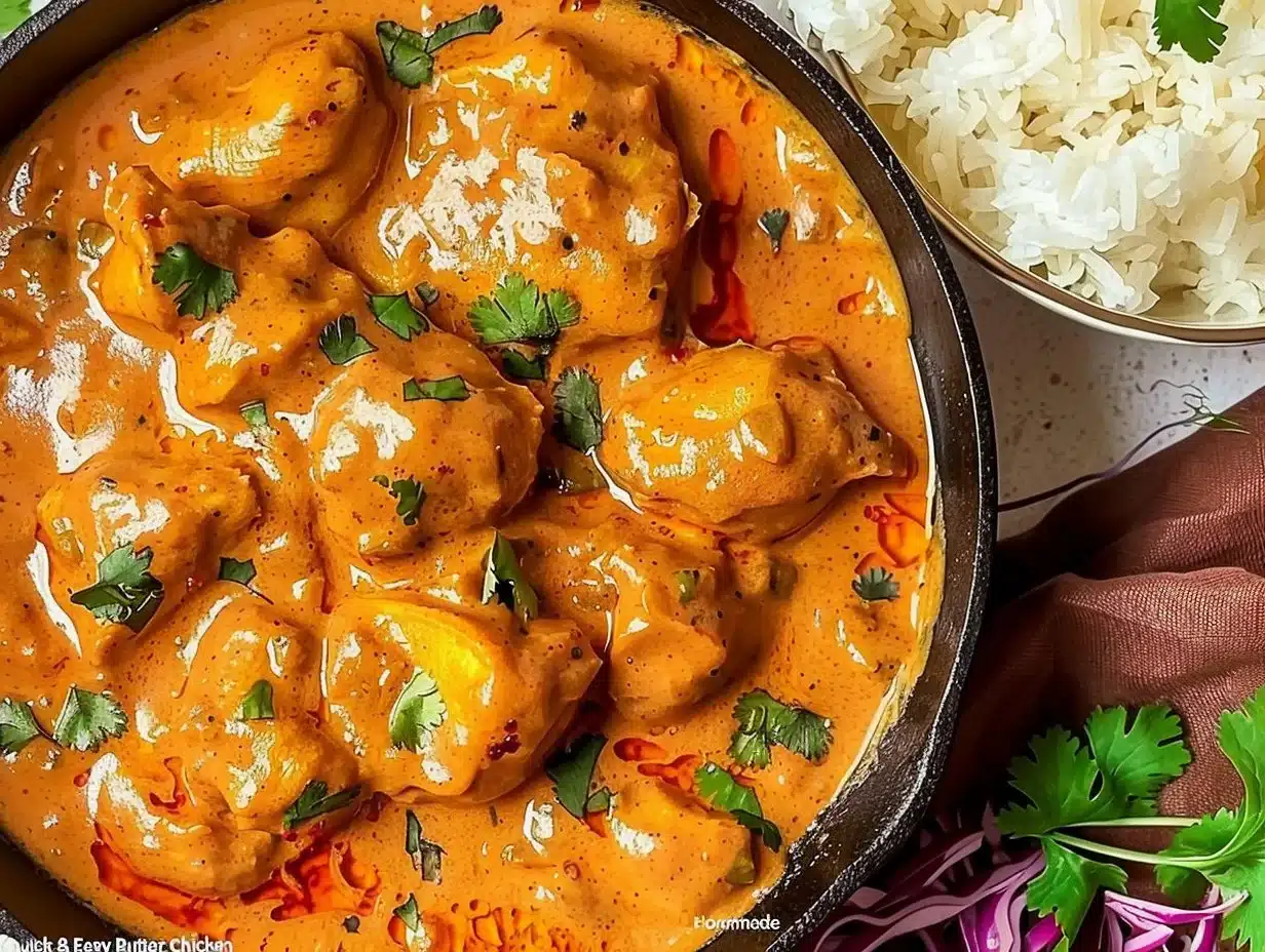 Delicious homemade butter chicken served with rice and naan