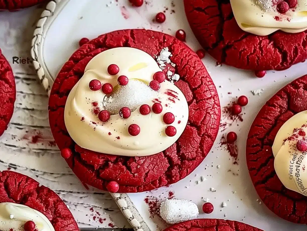 Freshly baked Red Velvet Cookies with cream cheese frosting on a plate