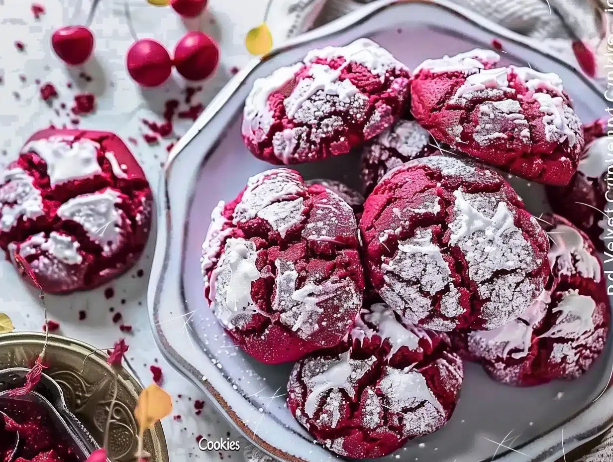 Red Velvet Crinkle Cookies 1 Freshly baked Red Velvet Crinkle Cookies with powdered sugar topping