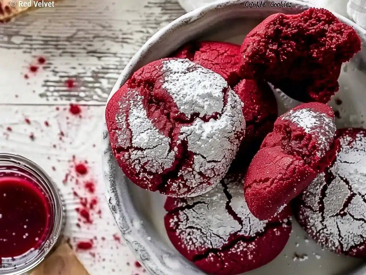 Freshly baked Red Velvet Crinkle Cookies on a plate.