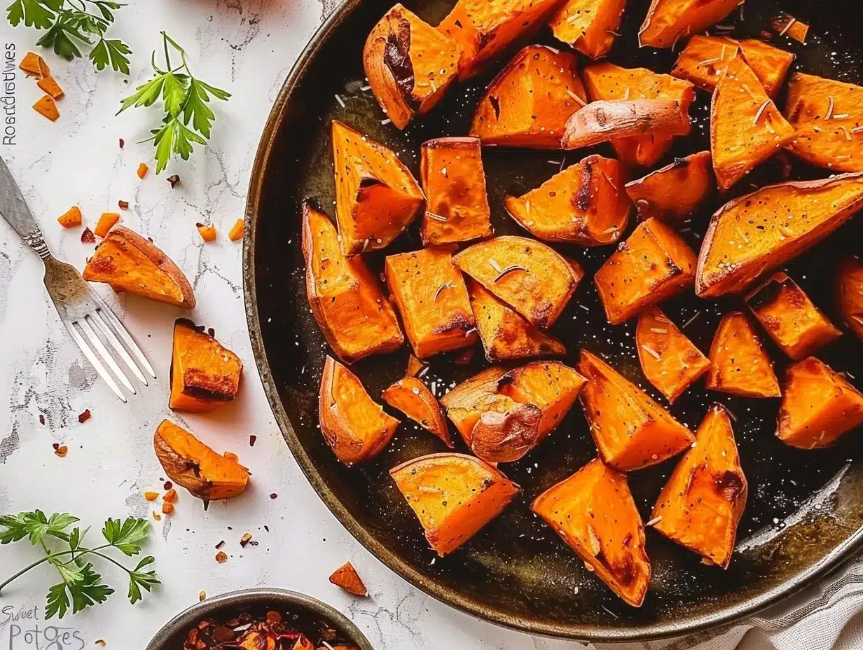 Roasted Sweet Potatoes 1 Baked roasted sweet potatoes served in a bowl with seasoning
