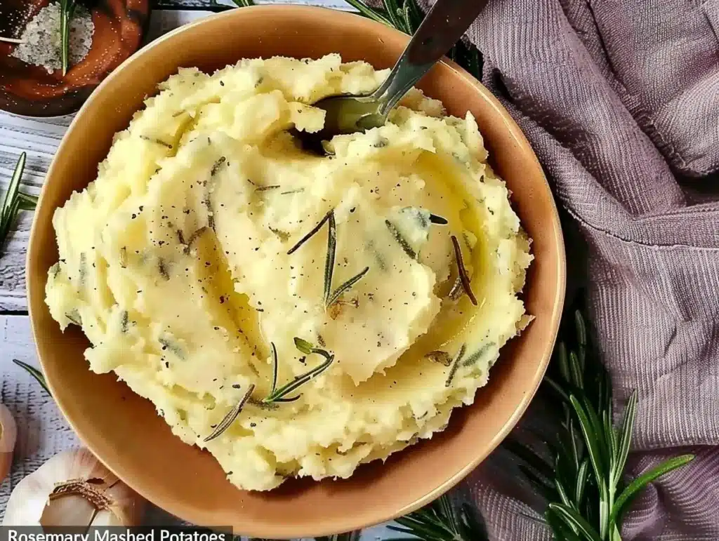 Creamy rosemary garlic mashed potatoes served in a bowl.